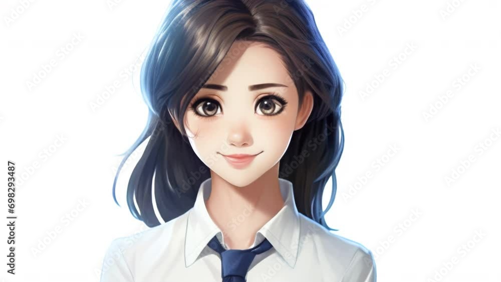Portrait of cartoon young female student on white background. Anime style. High quality 4k footage Portrait of cartoon young female student on white background. Anime style. High quality 4k footage