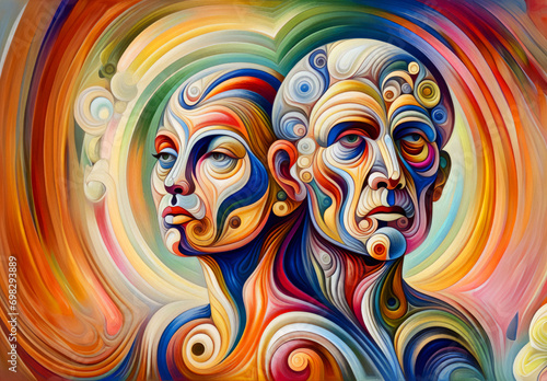 abstract painting of two people with different colors, square facial structure, highly detailed character design, parallelism, acids, man and woman, transhuman, transcendent, tense design,