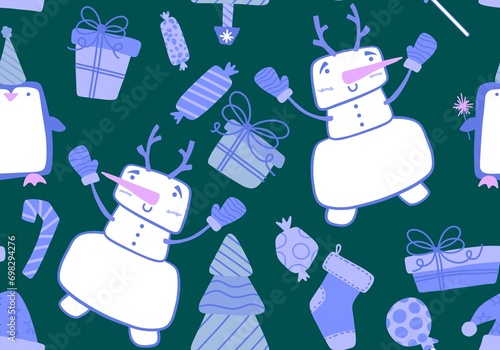 Christmas tree and snowman seamless gift box and gloves and candy and penguin pattern for wrapping paper