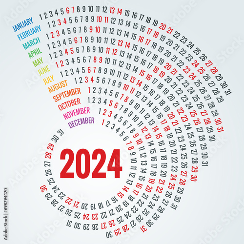 Colorful round calendar 2024 Calendar. Portrait Orientation. Set of 12 Months. Planner for 2024 Year.