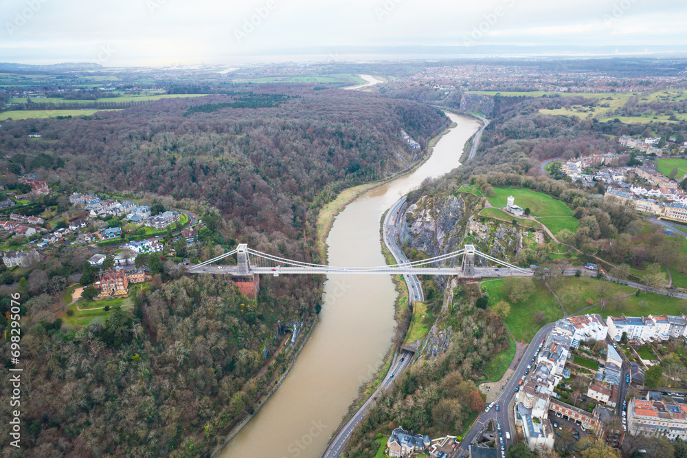 Aerial view of the landmark of Bristol, Clifton Suspension Bridge and Clifton Observatory