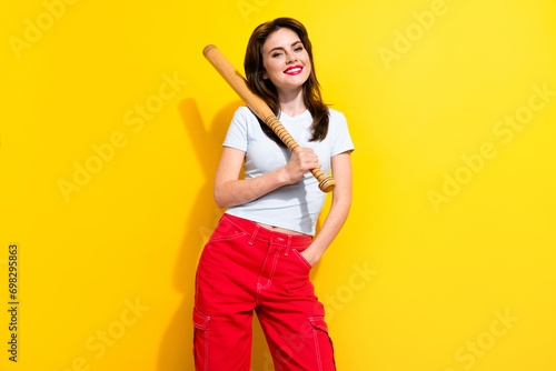 Canvas Print Portrait of dangerous lovely girl with retro hairdo wear white t-shirt hold base