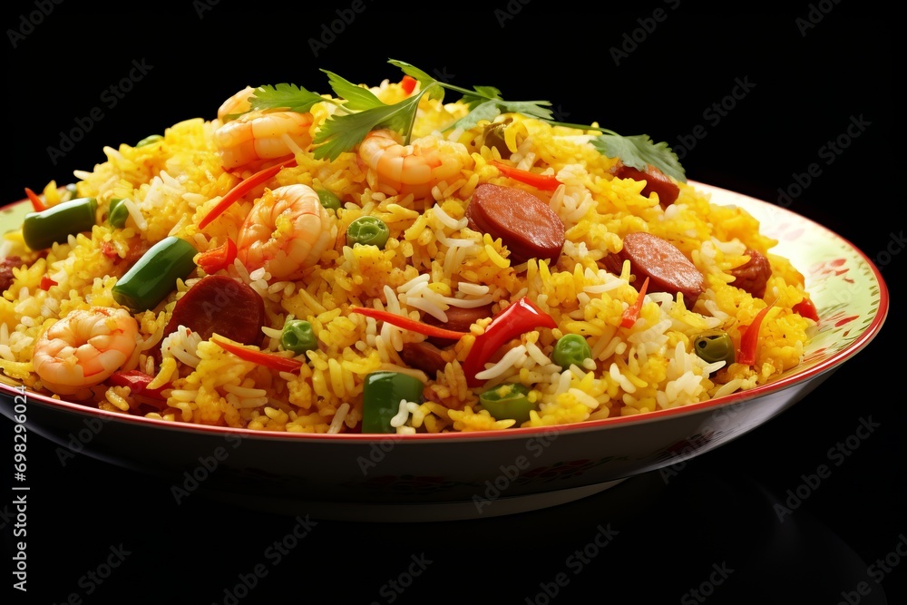 Chinese fried rice with spices and peas, herbs and sauce, vegetables in a bowl Chinese fried rice with spices and peas, herbs and sauce, vegetables in a bowl
