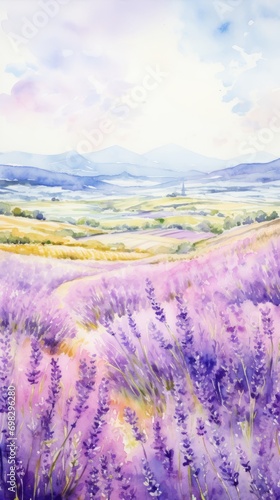 Blooming fields of purple lavender, watercolor illustration