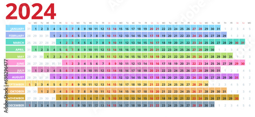 Calendar planner for 2024. Colorful wall calendar in English on a white background. Horizontal, landscape orientation