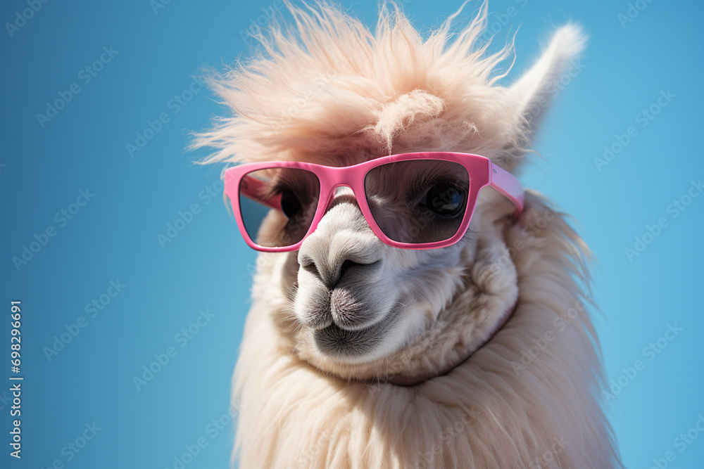 Llama wearing pink sunglasses on blue background 
