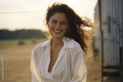 beautiful elegant young girl in a white shirt outside