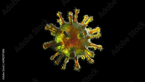 Coronavirus with alpha channel matte -nCov virus close up purple defocus red background virus cells influenza as dangerous asian pandemic virus close up 3d rendering stock video