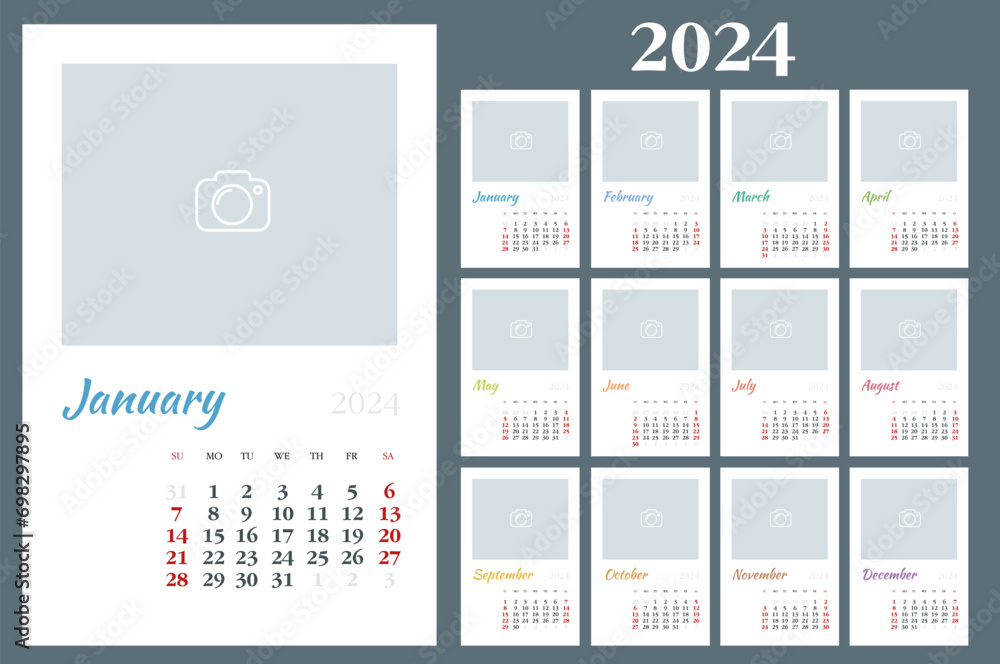 Calendar for 2024 year. Print template with place for photo. Set of 12 calendar pages. Stationery design 2024 - obrazy, fototapety, plakaty 