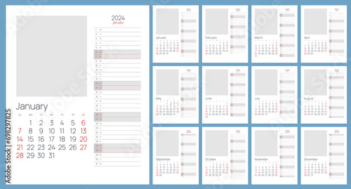 Calendar for 2024 year. Print template with place for photo. Set of 12 calendar pages. Stationery design 2024 photo