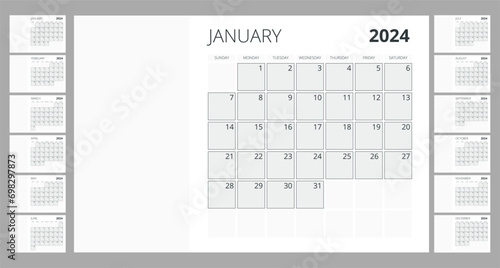 Calendar for 2024 year. Print template with place for photo. Set of 12 calendar pages. Stationery design 2024