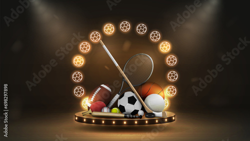 3d podium with a bright neon frame with balls, stick and racket in gold on a dark background. A concept for sports betting.