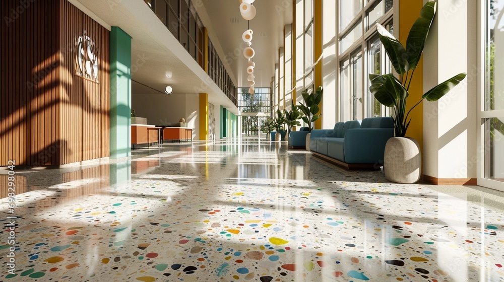A terrazzo tile floor design incorporating recycled glass pieces in a rainbow of colors, ideal for an eco-friendly and modern building lobby. - obrazy, fototapety, plakaty 