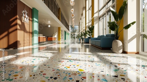 A terrazzo tile floor design incorporating recycled glass pieces in a rainbow of colors, ideal for an eco-friendly and modern building lobby. photo
