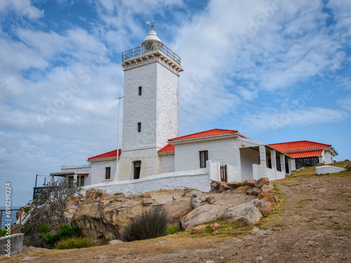 Cape St Blaize Lighthouse during a summer afternoon with blue sky and white clouds  Mossel Bay  Western Cape  South Africa