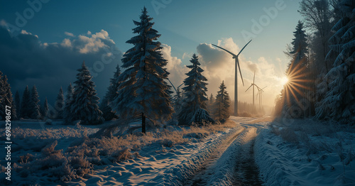 Wind turbines tower in the background of the forest path. The huge rotor blades rotate slowly and powerfully in the wind.