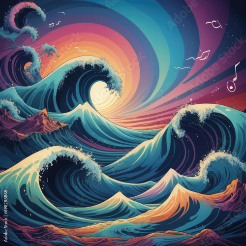 Psychedelic Ocean Waves - Vector illustration of spiritual ocean waves with a music theme in ultra HD glow Gen AI photo