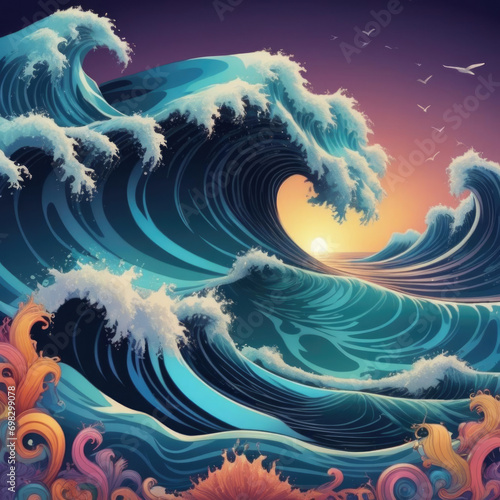 Psychedelic Ocean Waves - Hyperrealistic vector image of spiritual ocean waves with a psychedelic glow and musical vibes. Gen AI photo