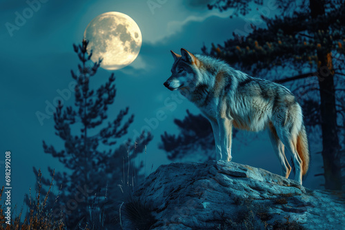The gray wolf stands on the rock  and above him rises the full moon