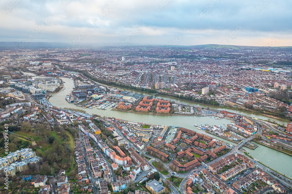 beautiful aerial view of the River Avon and downtown area of Bristol, UK