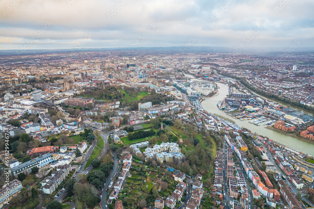 beautiful aerial view of the River Avon and downtown area of Bristol, UK