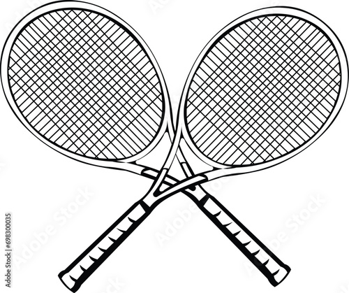Cartoon Black and White Isolated Illustration Vector Of 2 Crossed Tennis Rackets
