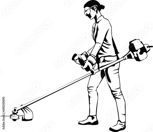 Cartoon Black and White Isolated Illustration Vector Of A Gardener Cutting Grass Weeds with A Strimmer Weed Whacker