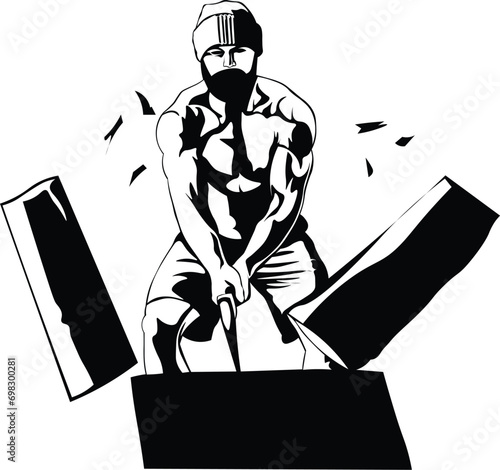Cartoon Black and White Isolated Illustration Vector Of A Lumberjack Cutting Wood with an Axe