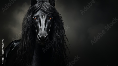 Portrait of a Friesian horse in profile with black glossy fur and long wavy mane, plain background, elegance and noble animal Concept: equestrian sports and artiodactyl exhibitions © PRO Neuro architect