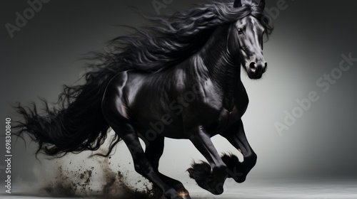 Portrait of a Friesian horse in profile with black glossy fur and long wavy mane  plain background  elegance and noble animal Concept  equestrian sports and artiodactyl exhibitions