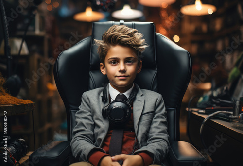 A young boy exudes confidence as he sits in a leather chair, his fashion-forward clothing and captivating human face drawing all attention in the indoor setting