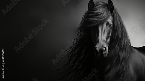 Portrait of a Friesian horse in profile with black glossy fur and long wavy mane, plain background, elegance and noble animal Concept: equestrian sports and artiodactyl exhibitions photo