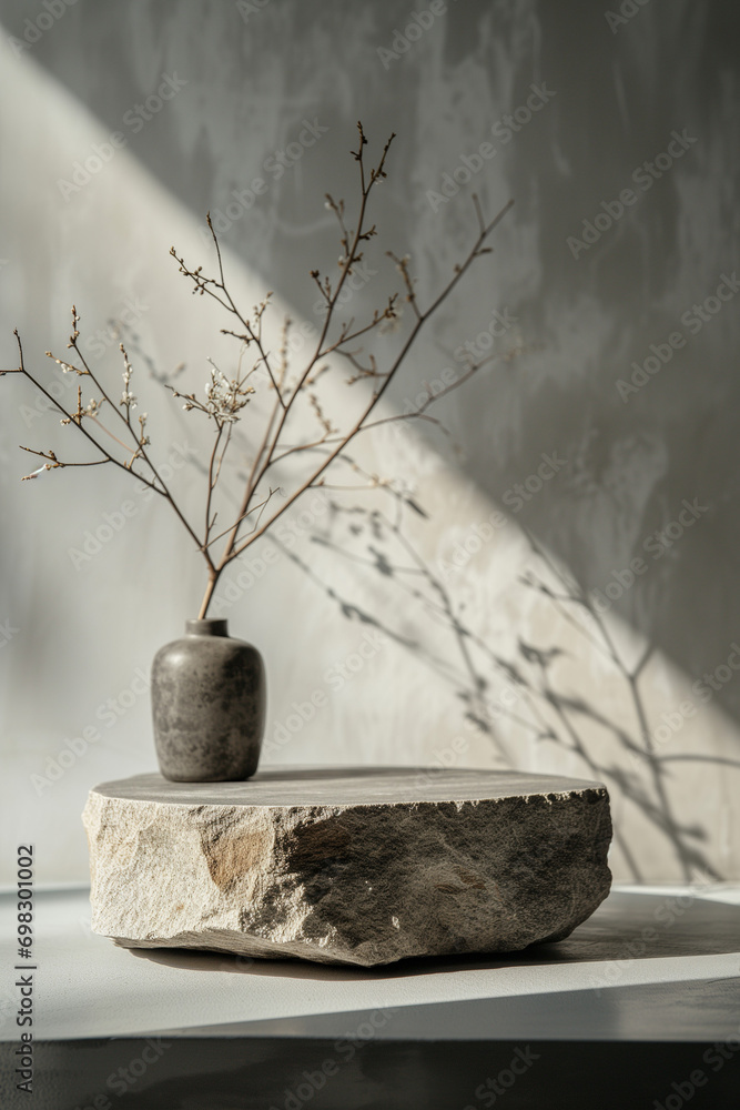 Empty stone podium pedestal for product display with vase of flowers on rough stone wall background. Generative AI - obrazy, fototapety, plakaty 