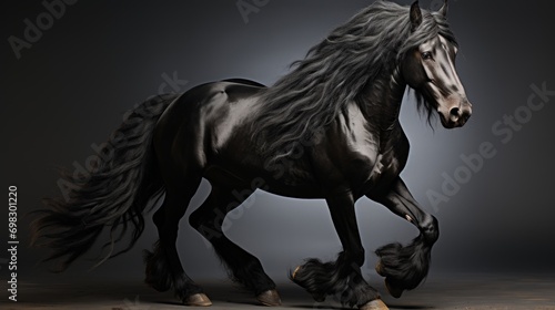 Portrait of a Friesian horse in profile with black glossy fur and long wavy mane, plain background, elegance and noble animal Concept: equestrian sports and artiodactyl exhibitions © Marynkka_muis