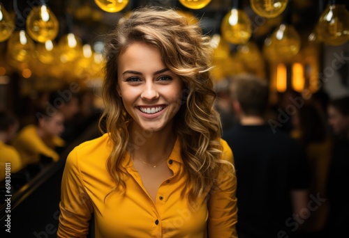 A stylish woman radiates confidence and joy as she showcases her yellow fashion accessory  her warm smile capturing the essence of her vibrant personality