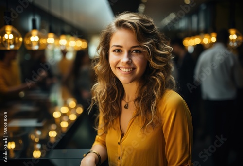 A vibrant woman radiating joy and confidence as she poses for the camera on a dimly lit street, showcasing her unique style through her clothing and beaming smile