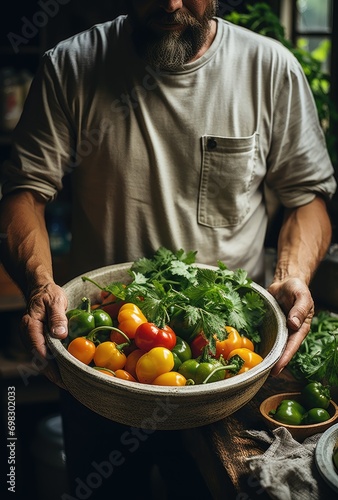 A health-conscious man proudly showcases a vibrant bowl of fresh, local vegetables, embodying the principles of vegan nutrition and promoting the benefits of natural, whole foods photo