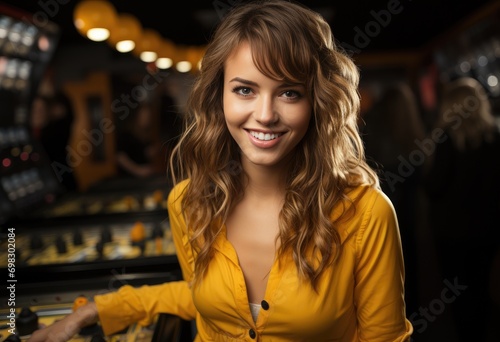 Portrait of a woman playing table football in a club at night