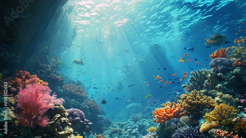 An underwater seascape with colorful coral reefs, diverse marine life, and soft light filtering through the water, for a serene aquatic background.