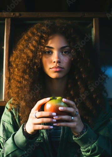 Beautiful african black girl is holding a green apple