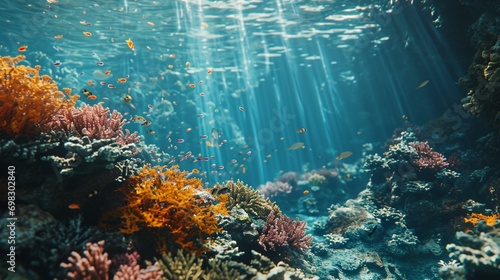 An underwater seascape with colorful coral reefs, diverse marine life, and soft light filtering through the water, for a serene aquatic background. © Faisal Ai