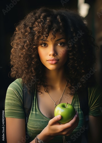 Beautiful african black girl is holding a green apple