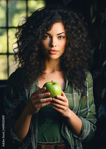Beautiful african black girl is holding a green apple