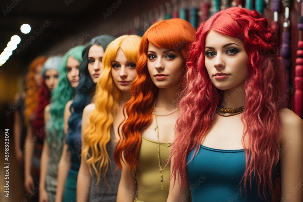 Dyed wigs on display in a shop