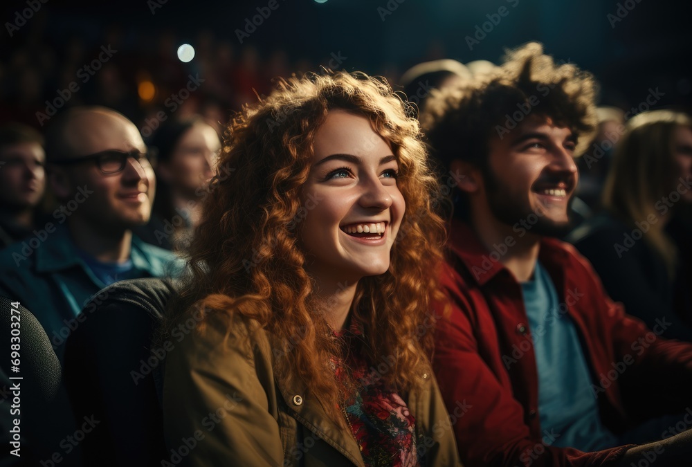 A diverse crowd of people, each with their own unique human face and stylish clothing, sit in a row with smiles on their faces, united by their love for music as they listen to the indoor performance