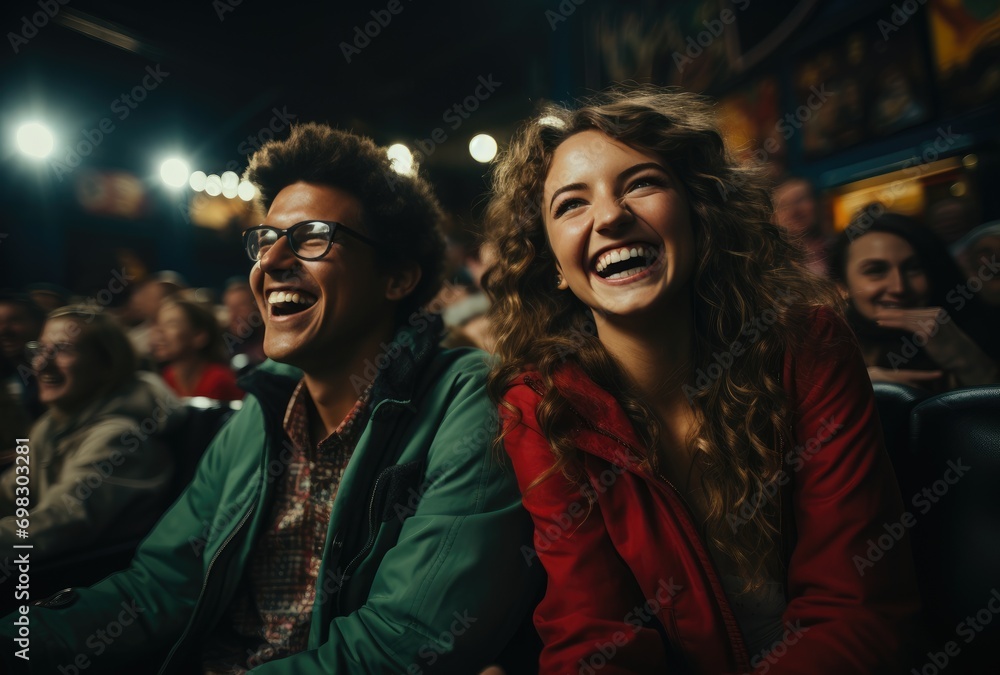 Amidst the pulsating music and lively crowd, a man and woman share a joyous moment, their faces beaming with contagious laughter, adorned in stylish jackets Amidst the pulsating music and lively crowd, a man and woman share a joyous moment, their faces beaming with contagious laughter, adorned in stylish jackets