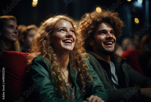 A couple shares a moment of pure joy as they share a laugh, their human faces radiating warmth and happiness in their stylish clothing, surrounded by the comfort of an indoor setting and the presence