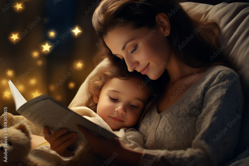 mother and child reading book, good night mother and child reading book, good night