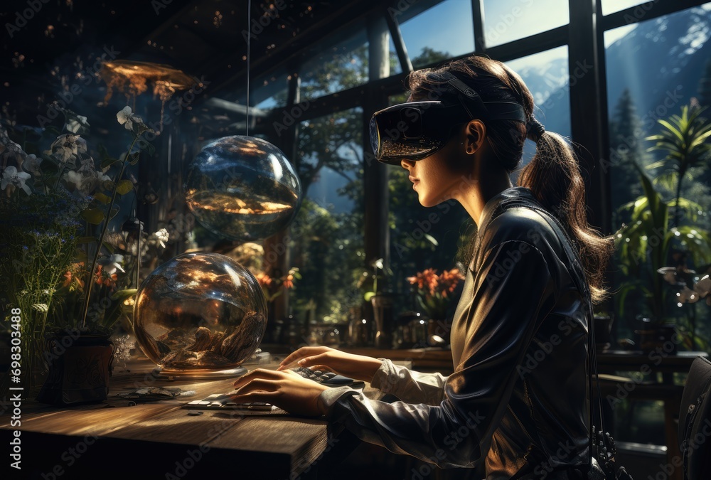 Woman in a botanical garden with VR glasses