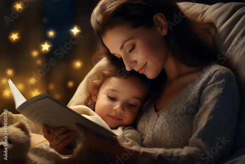 mother and child reading book, good night 